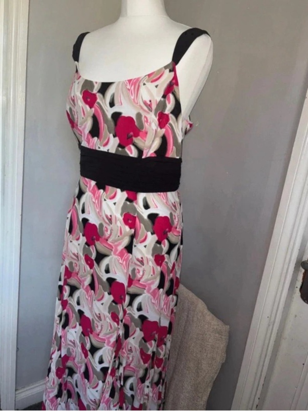 Pink & Black Floral-Print Maxi Dress with Black Waistband